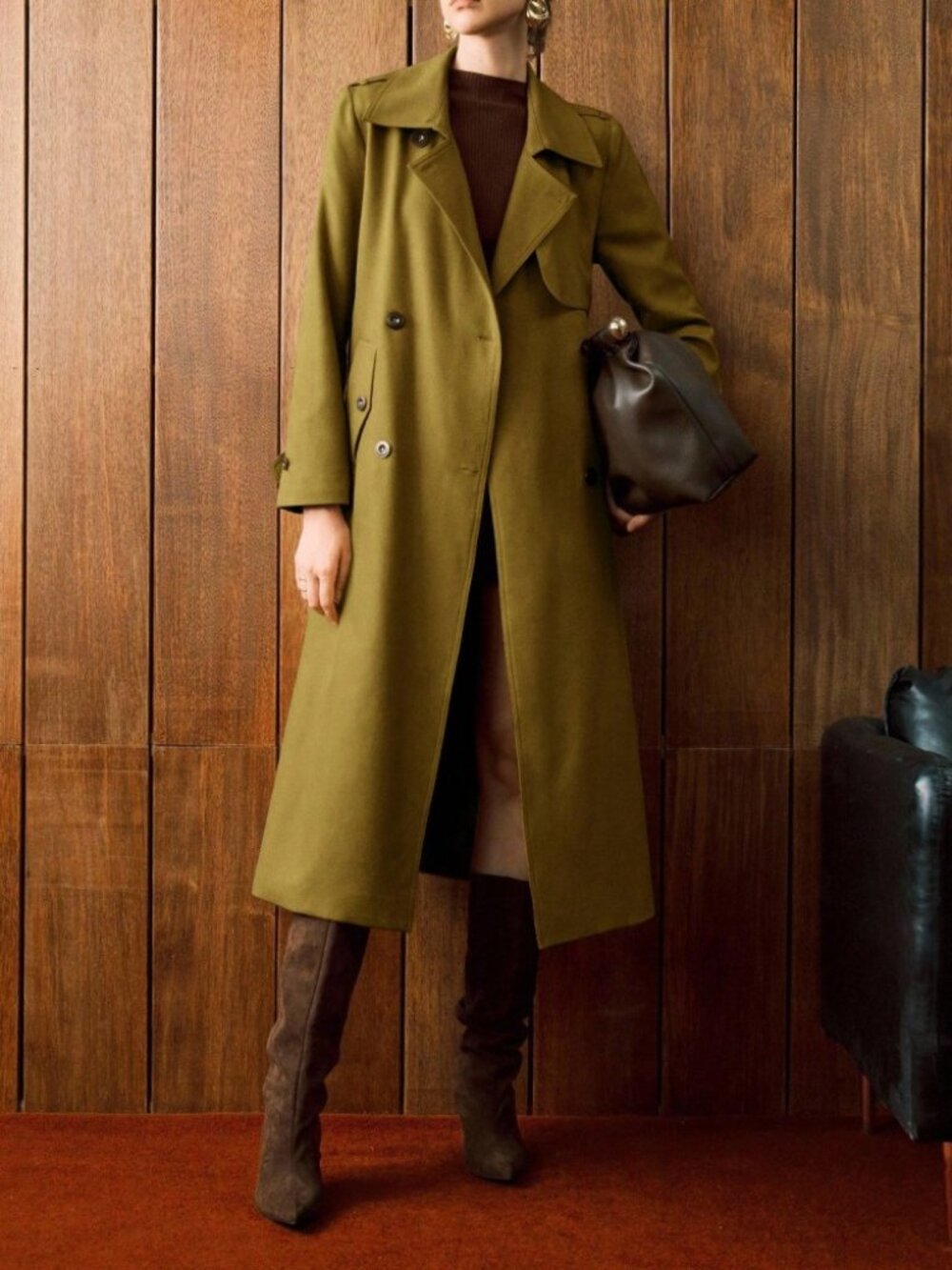 Olive Green Trench Coat with Lapel Collar and Belted Waist